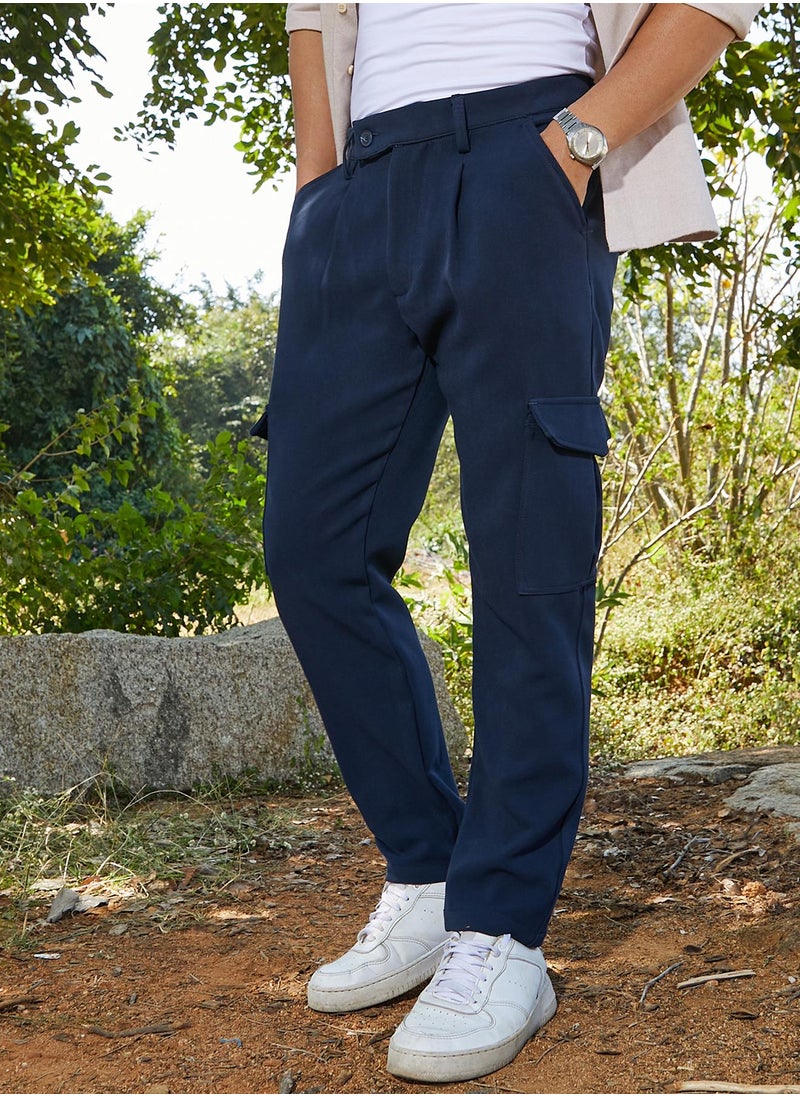 Campus Sutra Men's Indigo Blue Utility Pleated Trousers  - Image 1