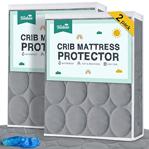 Biloban Crib Mattress Protector Sheets Waterproof 2 Pack Quilted Crib Mattress Pad Cover Fitted Fits for Baby Toddler Bed Mattress Grey 52 x 28 - Image 1