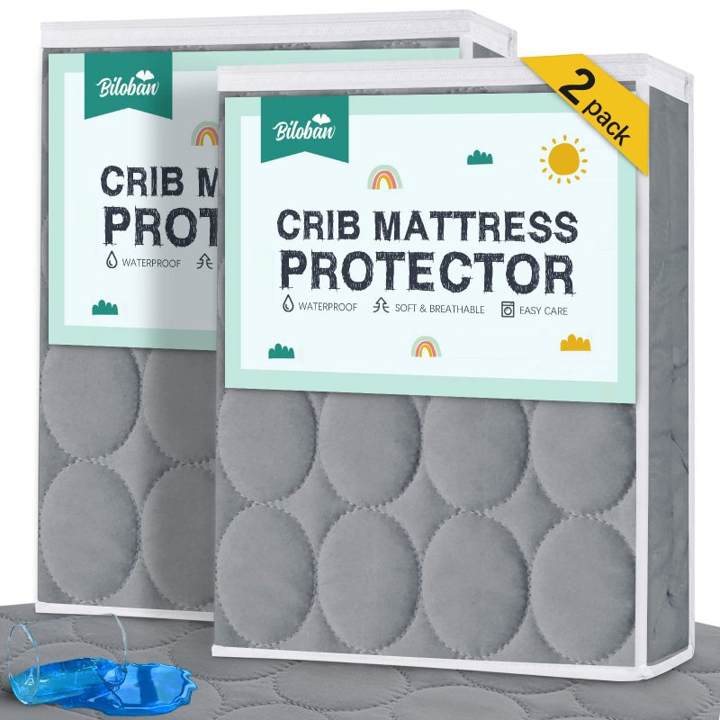 Biloban Crib Mattress Protector Sheets Waterproof 2 Pack Quilted Crib Mattress Pad Cover Fitted Fits for Baby Toddler Bed Mattress Grey 52 x 28 - Image 2