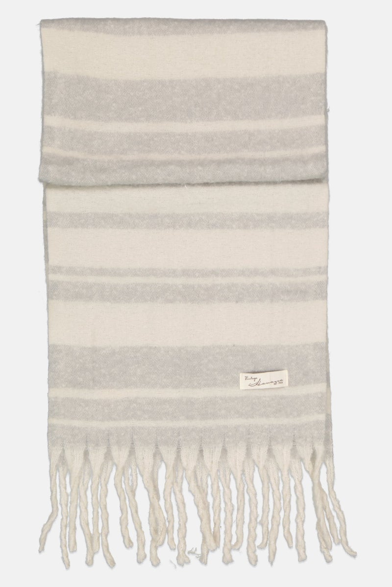 Vintage America Women Stripe Brush Tassel Scarf 43 x 180 cm, Grey  - Image 2