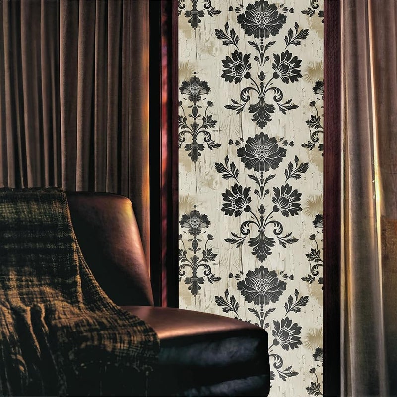 REDAMANCY Vintage Yellow Grey Black Damask Flower Stained Glass Window Films Decorative Double-Side Privacy Film Self-Adhesive Static Glass Clings Stickers for Living Room Bathroom Glass Windows Decor - Image 2