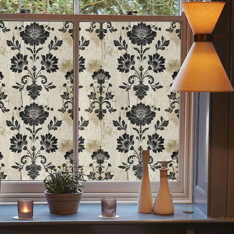 REDAMANCY Vintage Yellow Grey Black Damask Flower Stained Glass Window Films Decorative Double-Side Privacy Film Self-Adhesive Static Glass Clings Stickers for Living Room Bathroom Glass Windows Decor - Image 3