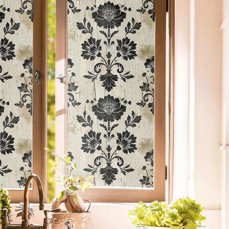 REDAMANCY Vintage Yellow Grey Black Damask Flower Stained Glass Window Films Decorative Double-Side Privacy Film Self-Adhesive Static Glass Clings Stickers for Living Room Bathroom Glass Windows Decor - Image 1