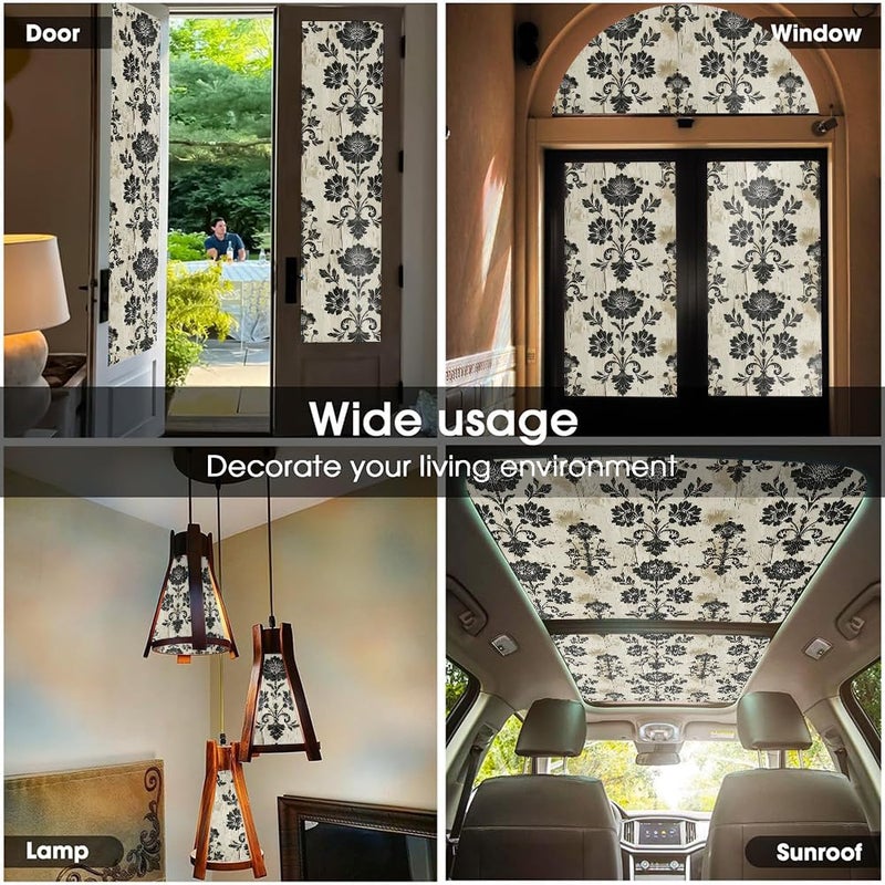 REDAMANCY Vintage Yellow Grey Black Damask Flower Stained Glass Window Films Decorative Double-Side Privacy Film Self-Adhesive Static Glass Clings Stickers for Living Room Bathroom Glass Windows Decor - Image 5