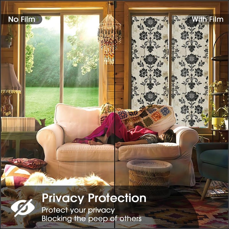 REDAMANCY Vintage Yellow Grey Black Damask Flower Stained Glass Window Films Decorative Double-Side Privacy Film Self-Adhesive Static Glass Clings Stickers for Living Room Bathroom Glass Windows Decor - Image 4