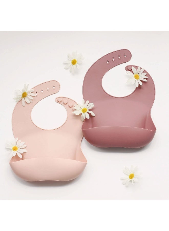 Ginbear Silicone Bibs for Babies Girl, Waterproof Adjustable Silicon Rubber Baby Feeding Bibs with Food Catcher Pocket for Toddlers 6 Months+ (Mauve/Baby Pink) - Image 2