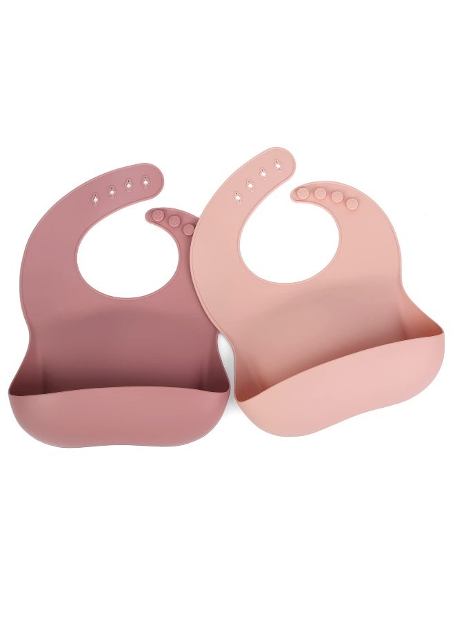 Ginbear Silicone Bibs for Babies Girl, Waterproof Adjustable Silicon Rubber Baby Feeding Bibs with Food Catcher Pocket for Toddlers 6 Months+ (Mauve/Baby Pink) - Image 1