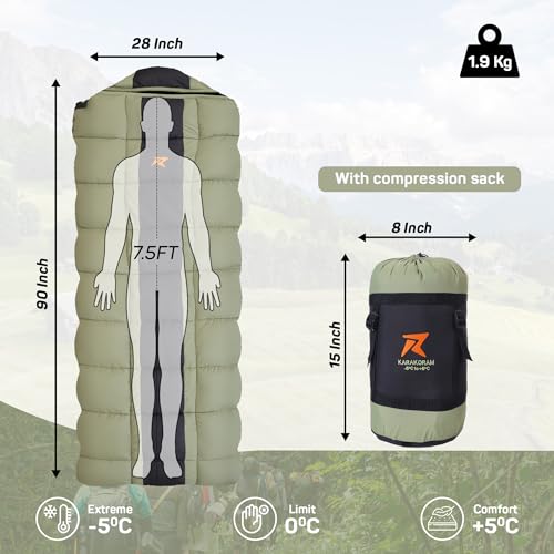 Rocksport Karakoram Sleeping Bag for Adults (-5°C to +5°C, Green STR) | Winter Sleeping Bag for Men & Women | Reliance Hollow Fibre Insulated, Lightweight, Compact & Waterproof Camping Sleeping Bag - Image 2