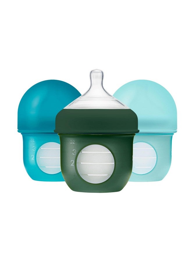 BOON Nursh Reusable Silicone Pouch Baby Bottles - Slow Flow Nipple - Silicone Baby Bottle Pouch And Nipple - Baby Feeding Essentials - Blue - 0-3 Months - 3 Count - 4 Ounce - Image 1