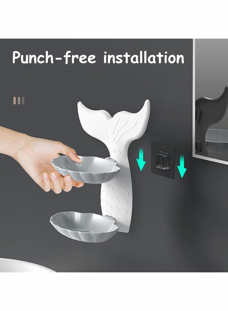Excefore Soap Dish ,Bar Holder for Shower/Bathroom,Wall Mount Plastic Drain ,Double-Layer Shell Shower Organizer Fish Tail - Image 3