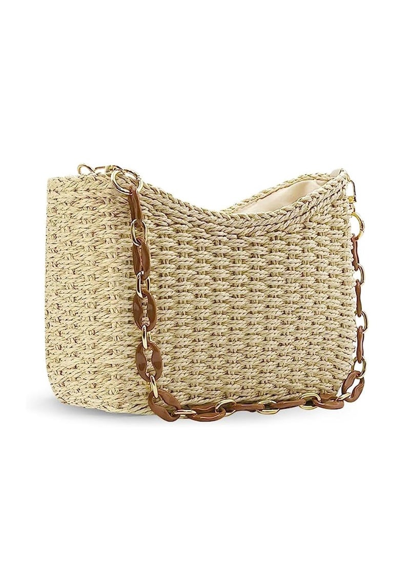 Loquat Summer Beach Crossbody Bag for Women Girls, Bohemian Style Chic Handmade Straw Bag, Beach Straw Handbags for Travel, Vacation, Beach, Beige  - Image 1