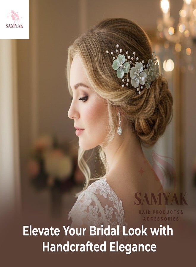 Samyak Wedding Hair Pins Handmade Pearl & Crystal Bridal Tiara Bridesmaid Hair Decoration (Green) - Image 3