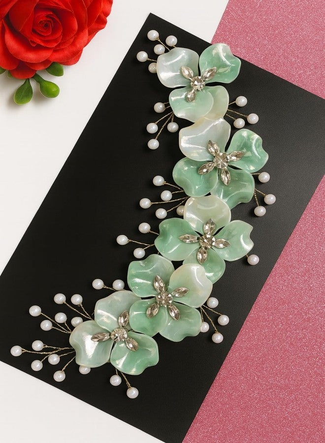 Samyak Wedding Hair Pins Handmade Pearl & Crystal Bridal Tiara Bridesmaid Hair Decoration (Green) - Image 1