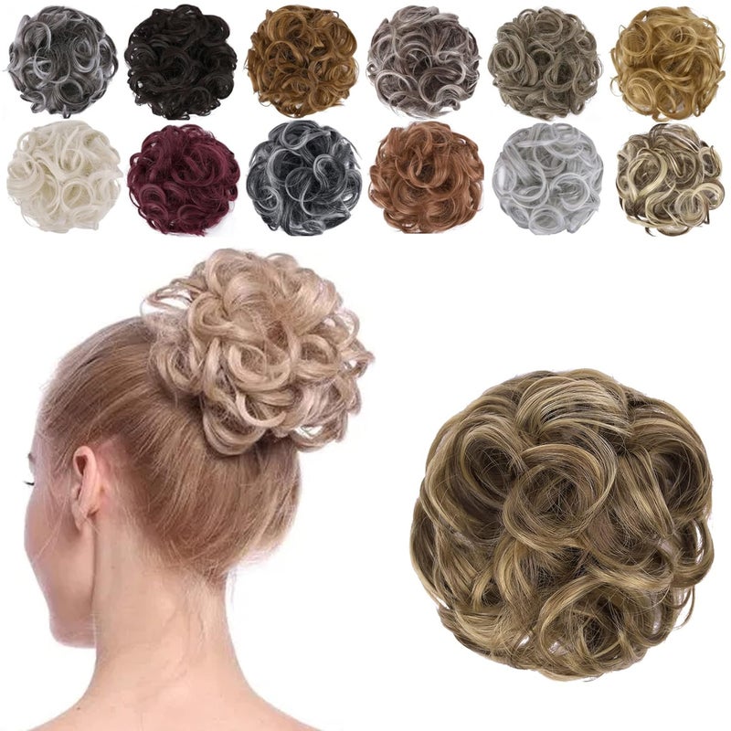 Elaine Messy Bun Hair Piece for Women, Thick Curly Hair Bun Scrunchies Synthetic Wavy Bun Hair Extensions Chignon Ponytail Updo Hairpieces Medium Ash Brown & Light Ash Blonde Highlights -#83A