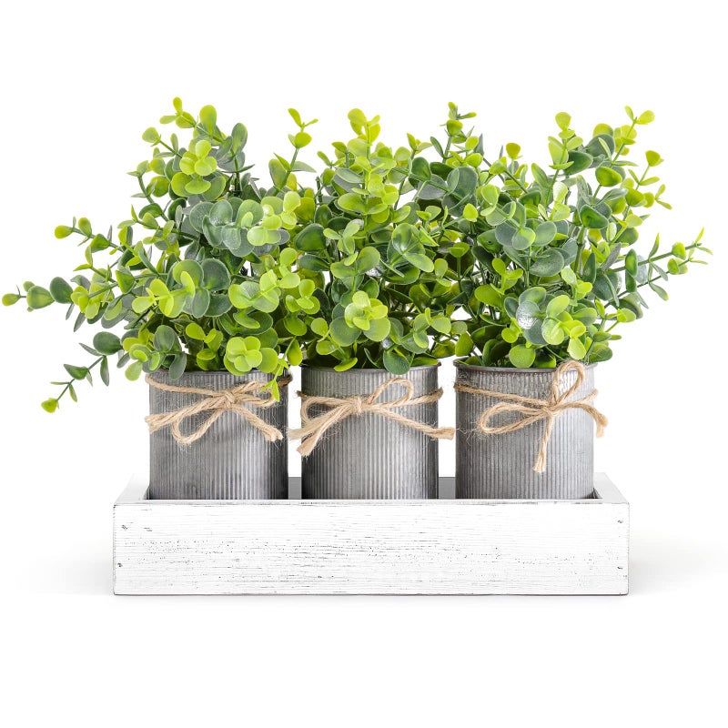 Dahey Decorative Galvanized Metal Pots Centerpiece Decor Wood Tray with Artificial Plant 3 Buckets with Eucalyptus Rustic Farmhouse Home Decor for Coffee Table Dining Living Room Kitchen Bath White
