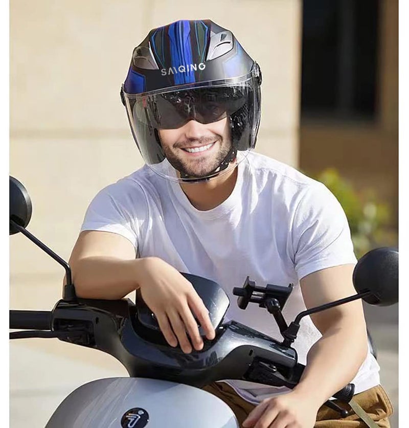 SanQing Motorcycle Scooter Helmet,Adult Open-face Motorbike Helmet Double Visor Fashion Personality for Men and Women DOT Approved (Medium, Blue) - Image 2