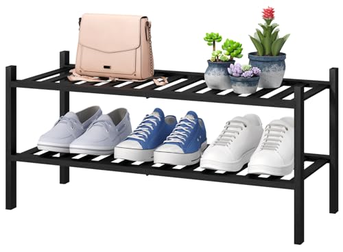 viewcare 2-Tier Black Bamboo Shoe Rack for Entryway, Stackable | Foldable | Natural, Shoe Shelf Storage Organizer for Hallway Closet, Free Standing Shoe Racks for Indoor Outdoor - Image 1