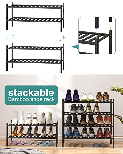 viewcare 2-Tier Black Bamboo Shoe Rack for Entryway, Stackable | Foldable | Natural, Shoe Shelf Storage Organizer for Hallway Closet, Free Standing Shoe Racks for Indoor Outdoor - Image 4