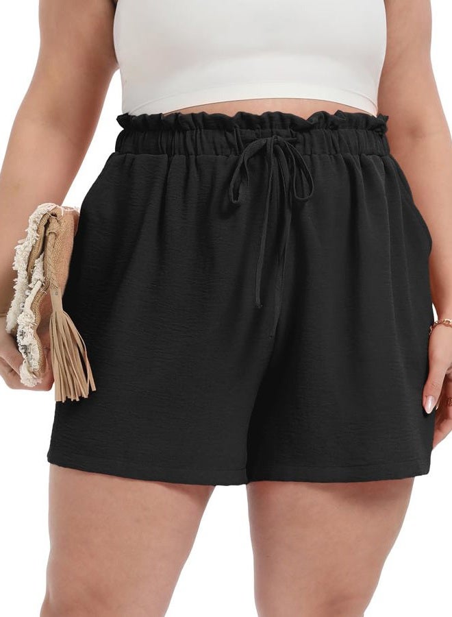 OLRIK Plus Size Shorts for Women 2026 Summer Casual Ruffle Belted Waist Lightweight Adjustable Drawstring Loose with Pockets, Black, 2X - Image 1
