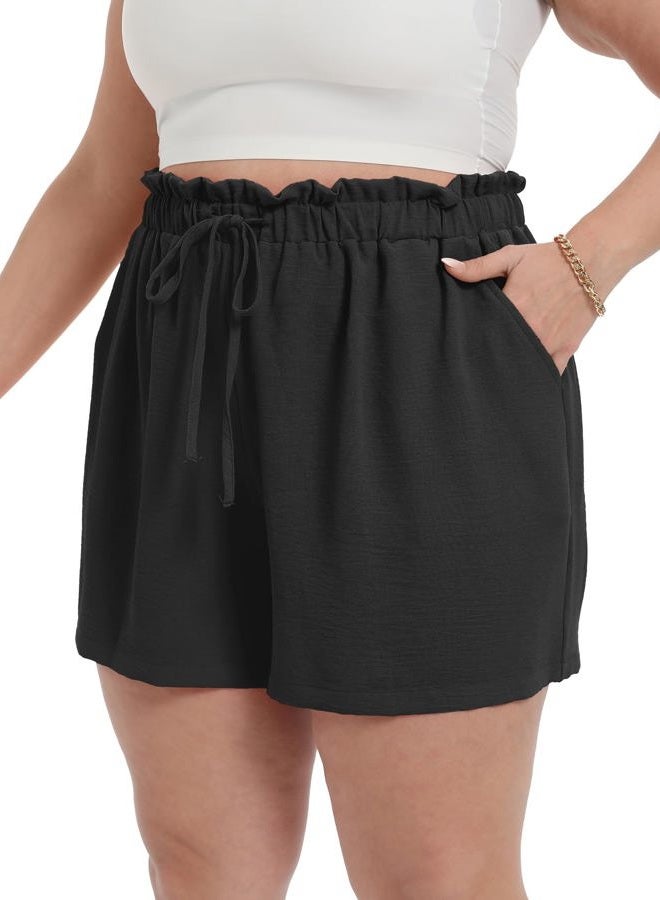 OLRIK Plus Size Shorts for Women 2026 Summer Casual Ruffle Belted Waist Lightweight Adjustable Drawstring Loose with Pockets, Black, 2X - Image 2