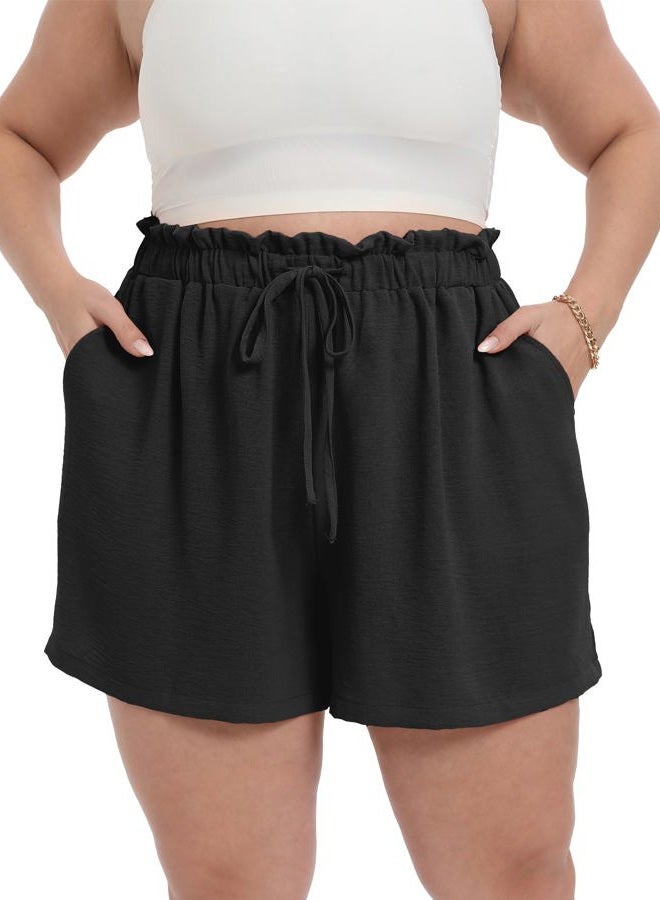 OLRIK Plus Size Shorts for Women 2026 Summer Casual Ruffle Belted Waist Lightweight Adjustable Drawstring Loose with Pockets, Black, 2X - Image 4
