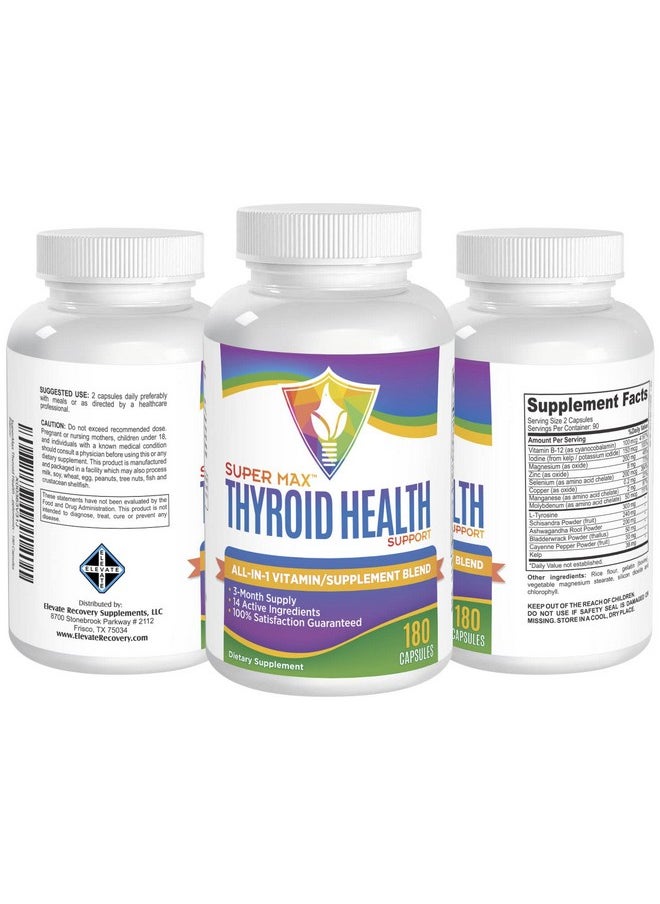 Elevate Recovery Supplements - 3Month Thyroid Support Supplement (Allin1 Formula) With 14 Active Ingredients Including Iodine Thyroid Supplements Thyroid Complex Thyroid Support For Women & Men 180 Capsules - Image 1