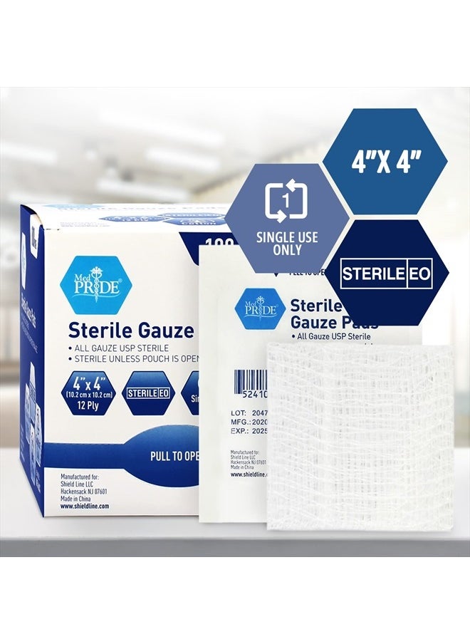 MED PRIDE 4"x4" Sterile Gauze Pads for Wound Dressing|100-Pack, Individually Packed Pouches|12-Ply Cotton & Highly Absorbent|Gauze Sponge-Pads for Wound Care & Home First Aid Kits  - Image 5