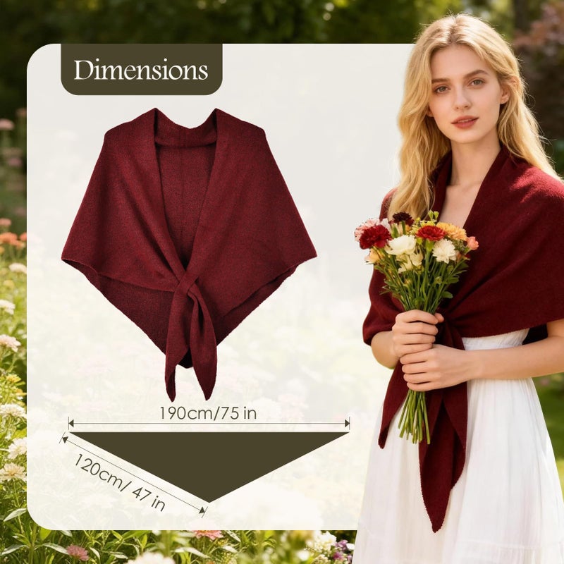 FeelfunFeather Shawl Wraps for Women Winter Knitted Triangle Cashmere Shawl Scarf Pashmina Cardigan Cape-Burgundy - Image 3