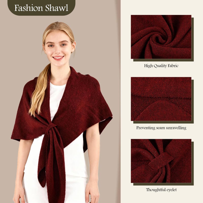 FeelfunFeather Shawl Wraps for Women Winter Knitted Triangle Cashmere Shawl Scarf Pashmina Cardigan Cape-Burgundy - Image 4