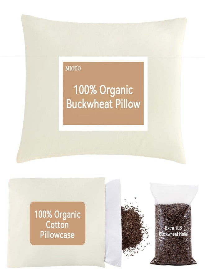 MIOTO Organic Buckwheat Pillow for Sleeping with Dual-Layer Pillowcase and Extra Tartary Buckwheat Hulls, Adjust Height and Firmness, Neck Support Pillow for Back and Side Sleepers 14"x20" - Image 1
