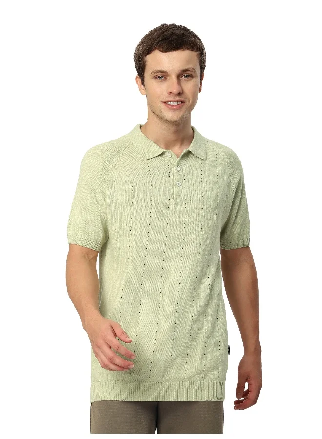 Beyoung Pale Green Line Textured Flat Knit Polo T-Shirt for Men