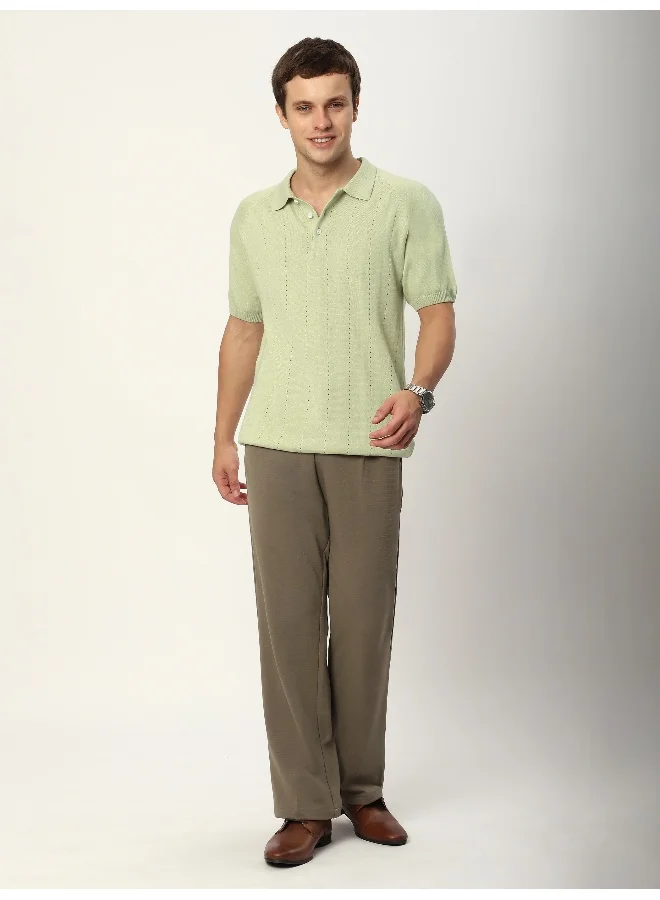 Beyoung Pale Green Line Textured Flat Knit Polo T-Shirt for Men