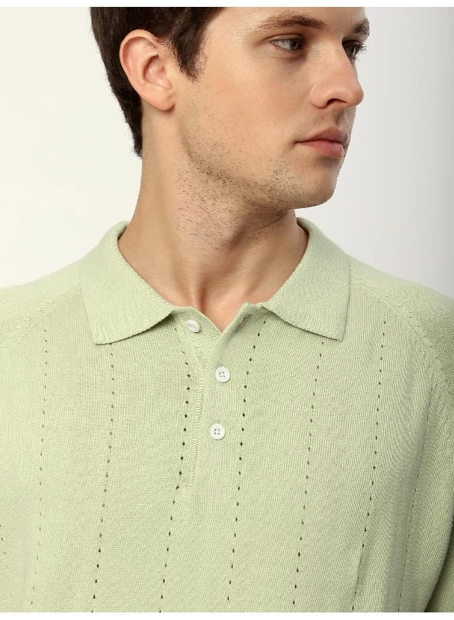 Beyoung Pale Green Line Textured Flat Knit Polo T-Shirt for Men