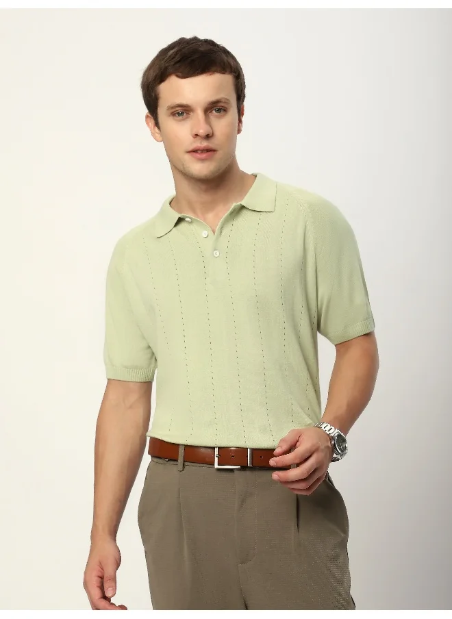 بيونغ Pale Green Line Textured Flat Knit Polo T-Shirt for Men