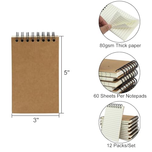 Aacehlh 12 Pack Pocket Notebooks, 3x5 Small Notepads, Mini Spiral Notebooks, 60 Sheets/120 Pages,Lined College Ruled Paper, Memo Pads for Home, Office, School or Travel (Kraft) - Image 2