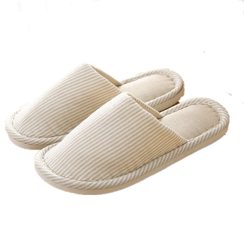 New Striped Linen Comfortable Slippers Women Nonslip Cotton SlippersClosed Toe Spa Slippers Washable 56 Beige