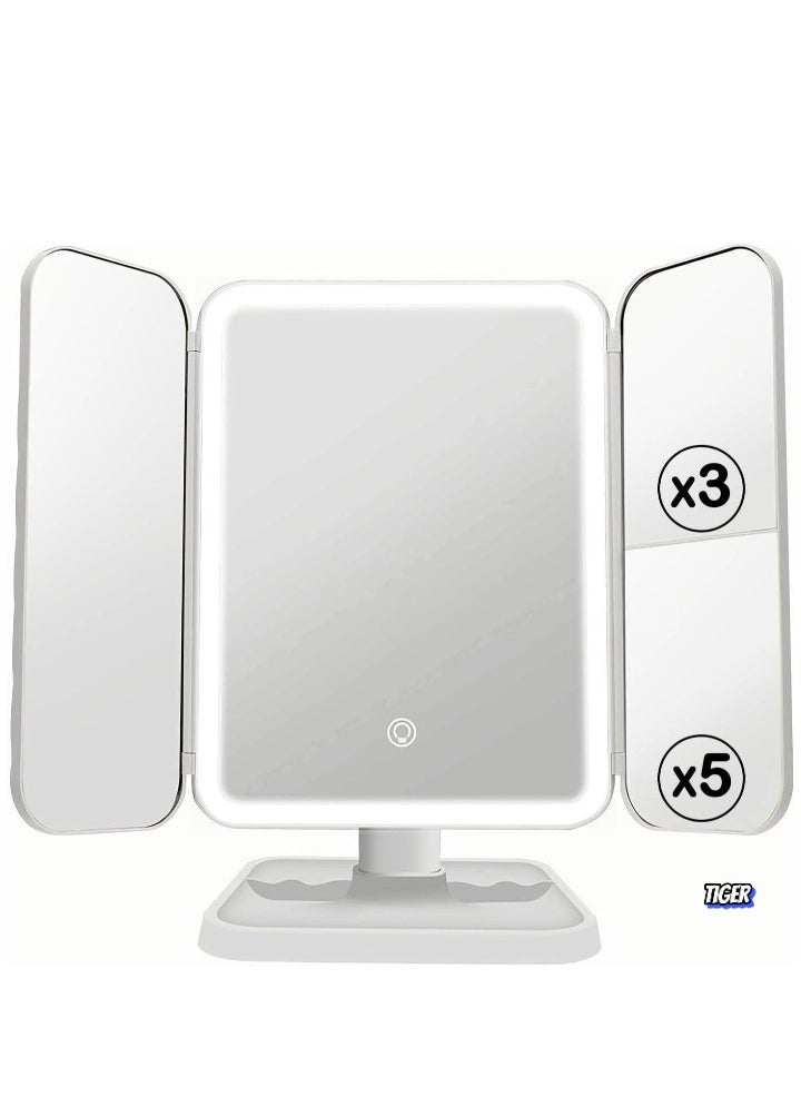 TIGER 3-Fold Lighted Makeup Mirror with 5X/3X/1X Magnification – 52 LED Vanity Mirror with Adjustable Brightness, Touch Screen Control, and 180° Adjustable Rotation – Portable and Foldable Countertop Cosmetic Mirror for Flawless Makeup Application - Image 1