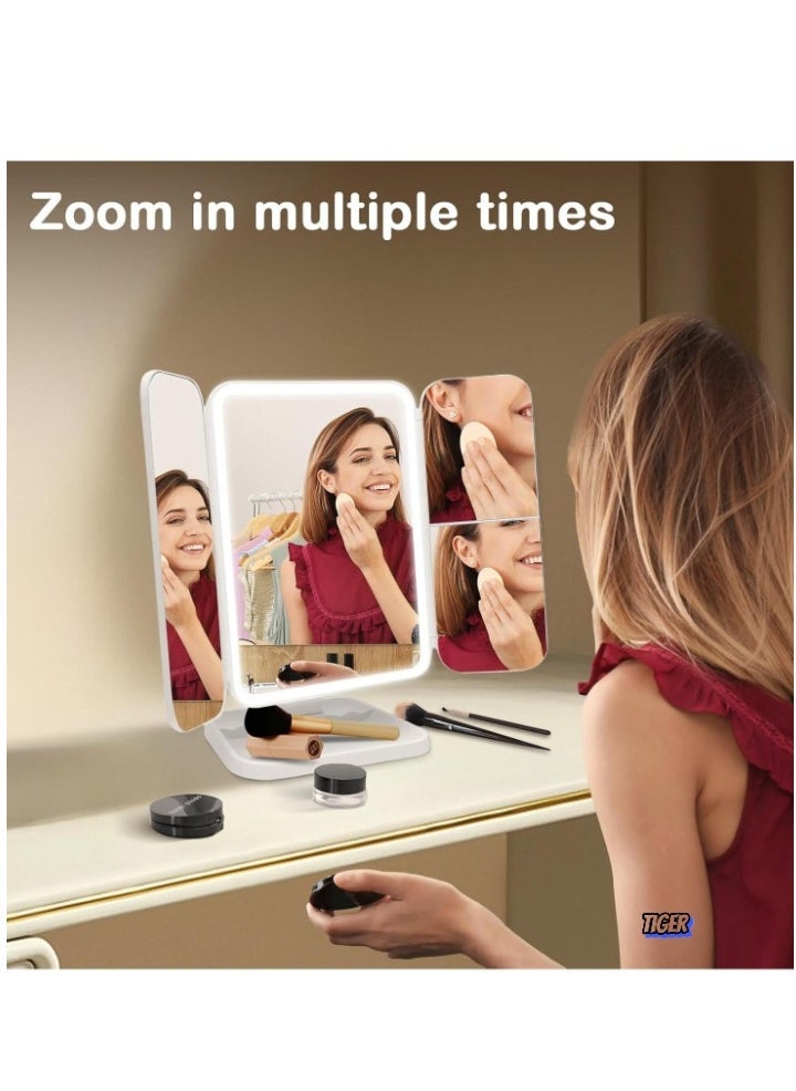 TIGER 3-Fold Lighted Makeup Mirror with 5X/3X/1X Magnification – 52 LED Vanity Mirror with Adjustable Brightness, Touch Screen Control, and 180° Adjustable Rotation – Portable and Foldable Countertop Cosmetic Mirror for Flawless Makeup Application - Image 4