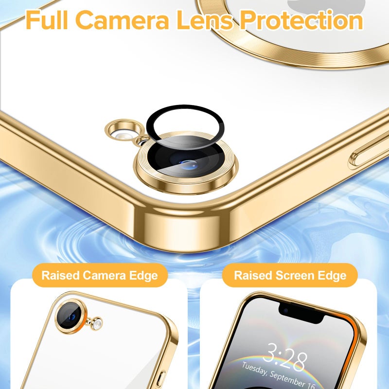 Hython Magnetic Clear for iPhone 16e Case with Camera Lens Protector [Compatible with MagSafe] Luxury Plating Edge Slim Soft TPU Cover Protective Phone Case for iPhone 16e 6.1", Gold - Image 4