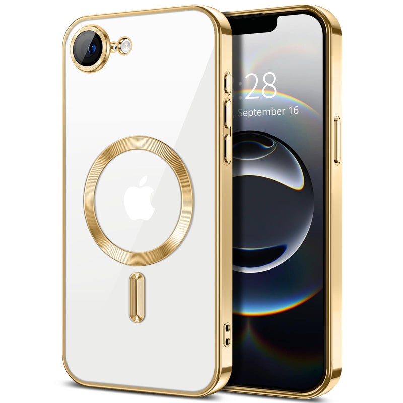 Hython Magnetic Clear for iPhone 16e Case with Camera Lens Protector [Compatible with MagSafe] Luxury Plating Edge Slim Soft TPU Cover Protective Phone Case for iPhone 16e 6.1", Gold - Image 1