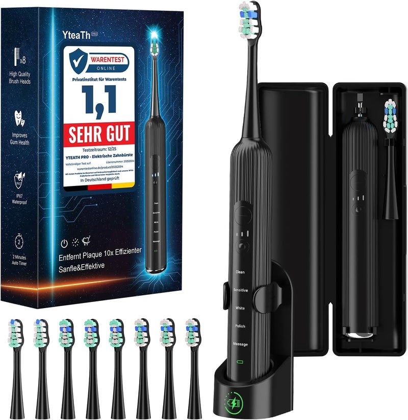 YTEATH PRO Electric Sonic Toothbrush for Adults & Children, 5 Cleaning Modes with 3 Intensity Levels, Timer, 8 Replacement Brush Heads & Travel Case, Rechargeable Sonic Toothbrush - Image 1