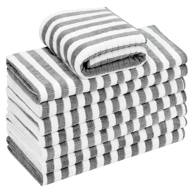 gryeer 8 Pack Microfibre Tea Towels Super Absorbent Soft and Thick Kitchen Towels Check designed with Hanging Loops 65 x 45 cm Grey