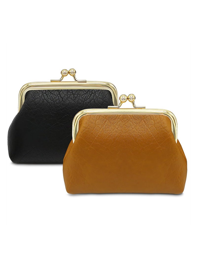 2Pcs Cute Vintage Coin Purse Wallet Set Small PU Leather Change Bag for Women Kids Black Brown - Image 1