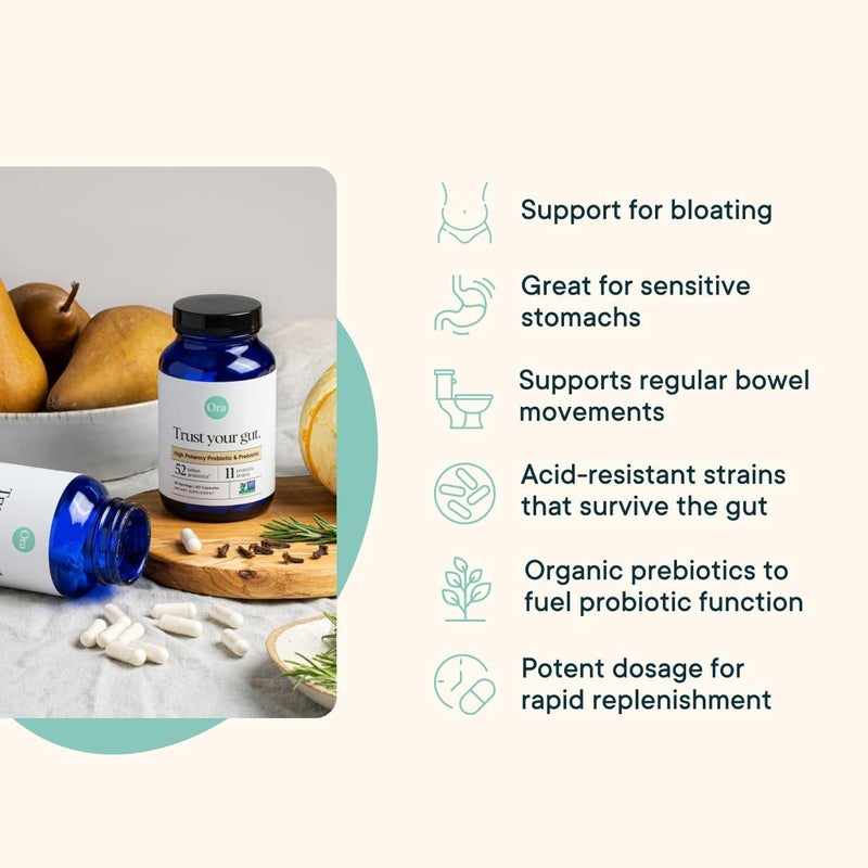 Ora Organic أورا أورجانيك بروبيوتيك مع بروبيوتيك 52 مليار CFU 11 سلالة مدروسة سريرياً لصحة الجهاز الهضمي ثق في أمعائك خالي من الجلوتين 60 كبسولة - Image 2