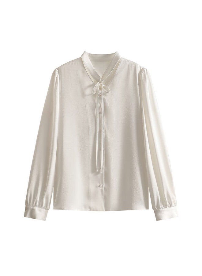 She Enjoys French-style Women's Shirt With Design-inspired Tie, V-neck White Blouse, Elegant Commuter Top, Long-sleeve Shirt For Women T51s001 - Image 2