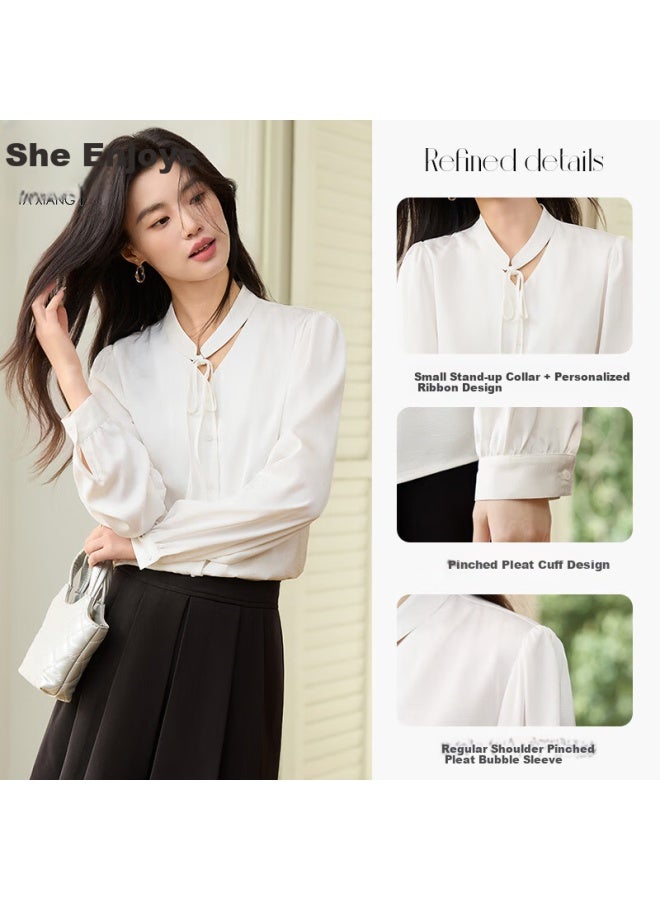 She Enjoys French-style Women's Shirt With Design-inspired Tie, V-neck White Blouse, Elegant Commuter Top, Long-sleeve Shirt For Women T51s001 - Image 1