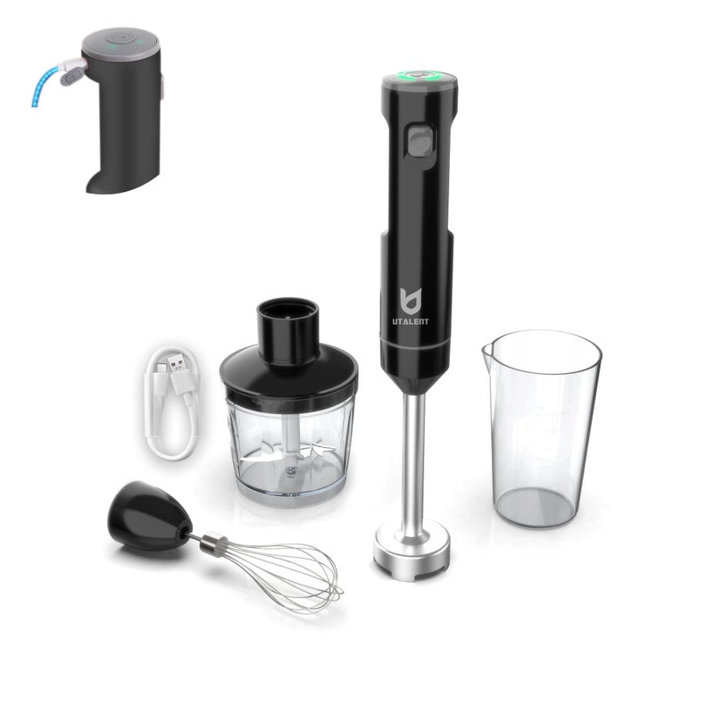 Cordless Hand Blender UTALENT Variable Speed Immersion Blender Rechargeable with 500ml Chopper 600ml container Egg Whisk for Smoothies Baby Food and Soups Black