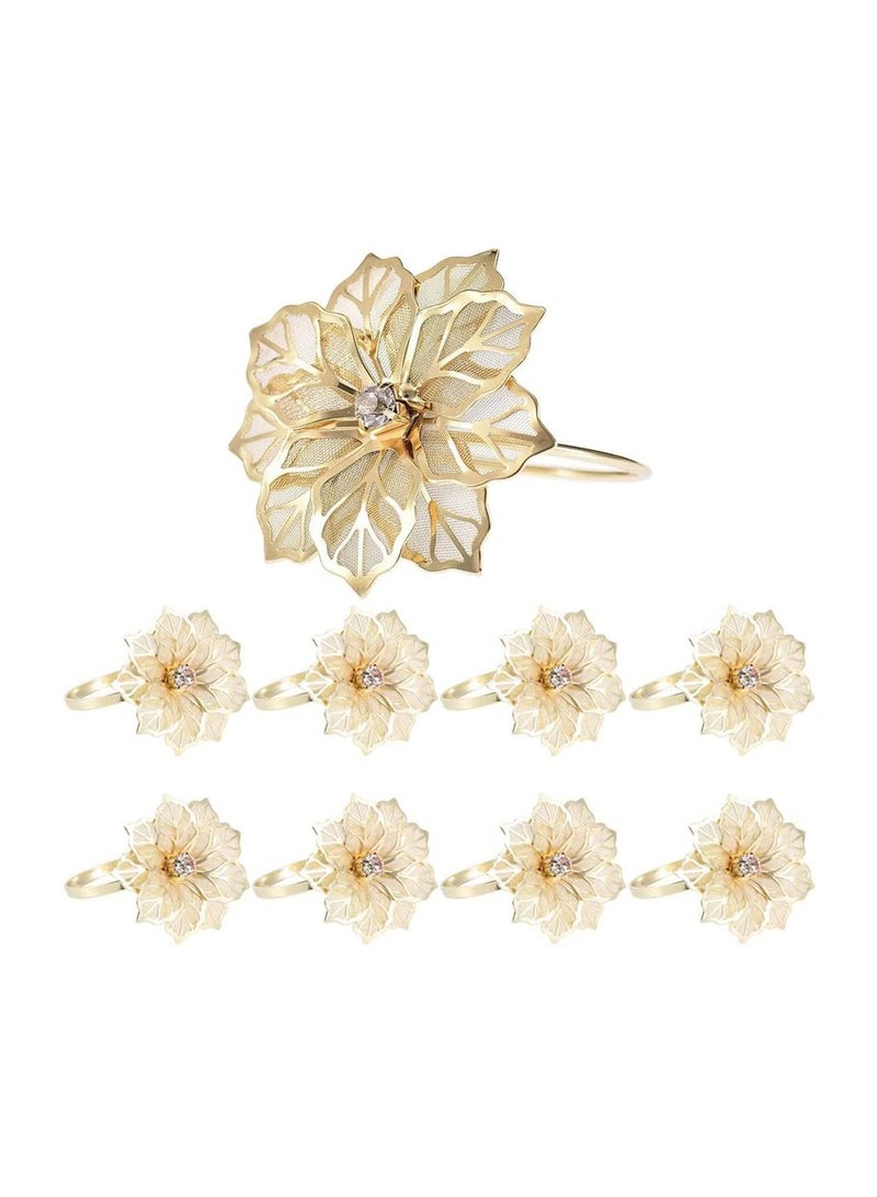 Alloy Napkin Rings Set, 8 Pcs Hollow Out Flower Design with Rhinestones, for Wedding and Party Decor - Image 1