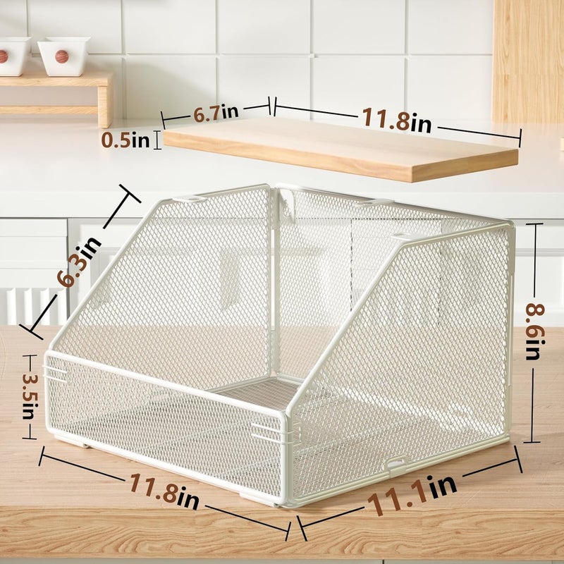 Litwaro Stackable Kitchen Fruit Basket, Space-Saving, Wall-Mounted Wire Basket with Wooden Lid, Extra Storage, 2 Pieces, Kitchen Counter Organizer for Snacks, Onions and Potatoes, White - Image 2