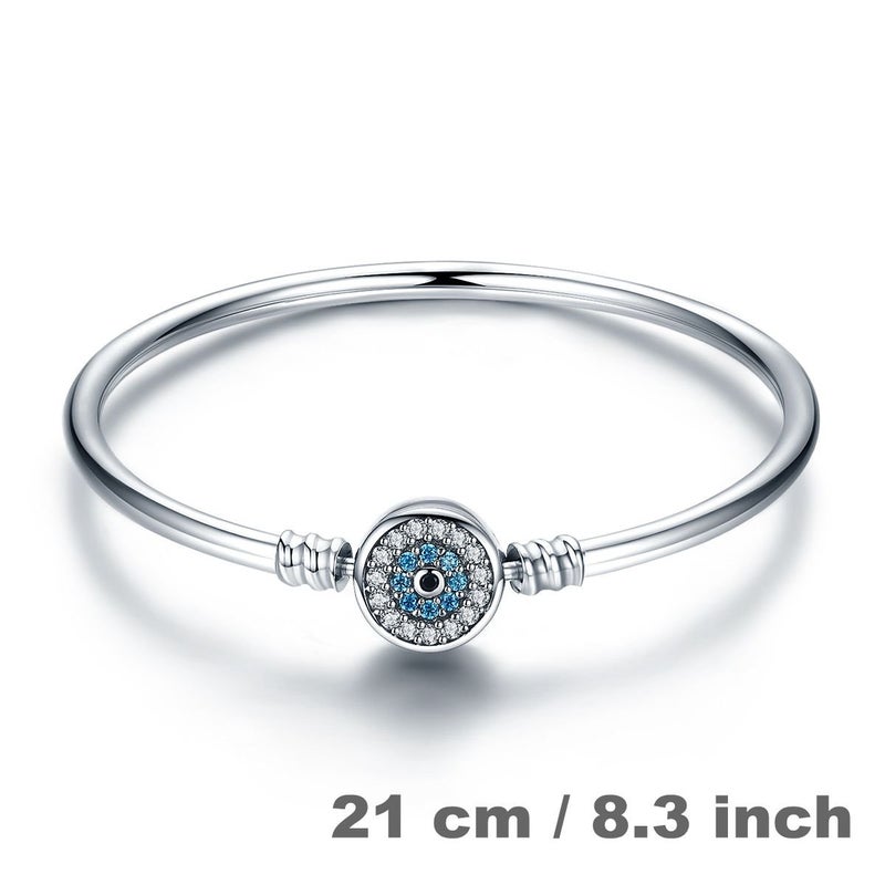 BISAER Evil Eye Bracelet Sterling Silver Clasp Charm Bangle Bracelet for Bead Charms with Sapphire Gemstones Evil Eye Clip Lock Stopper(17/19cm/ 21cm) - Image 2